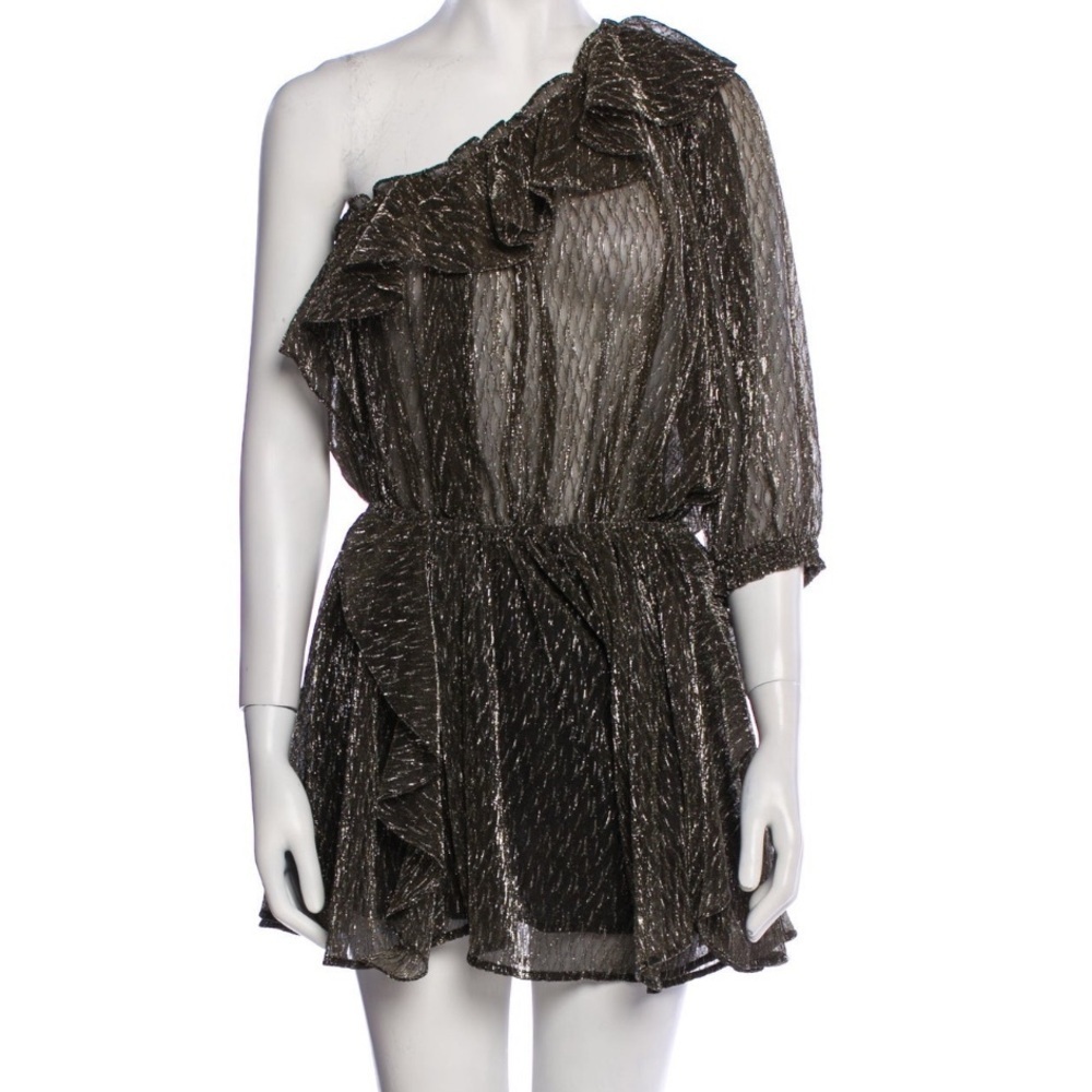 IRO Paris Payham Black Gold Lame One Shoulder Ruffle Sheer Jumpsuit Romper Large - Picture 8 of 17